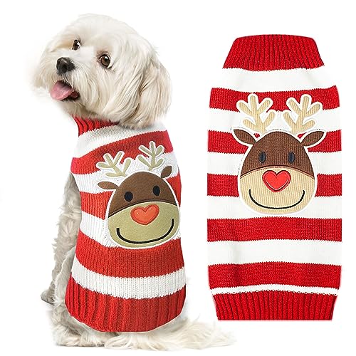 DOGGYZSTYLE Dog Christmas Sweater Cute Striped Reindeer Xmas Pet Clothes Holiday Puppy Cat Costume New Year Gifts for Small Medium Large Dogs Jumpers (XXS, Red White Stripe Reindeer)