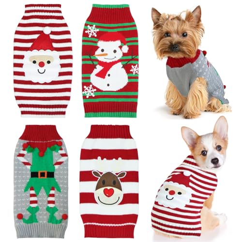 4 Pack Dog Christmas Sweater, GOYOSWA Dog Christmas Outfit Dog Holiday Sweater Santa Snowman Reindeer Elf Knitted Sweaters for Small Medium Large Dogs Pets (Small)
